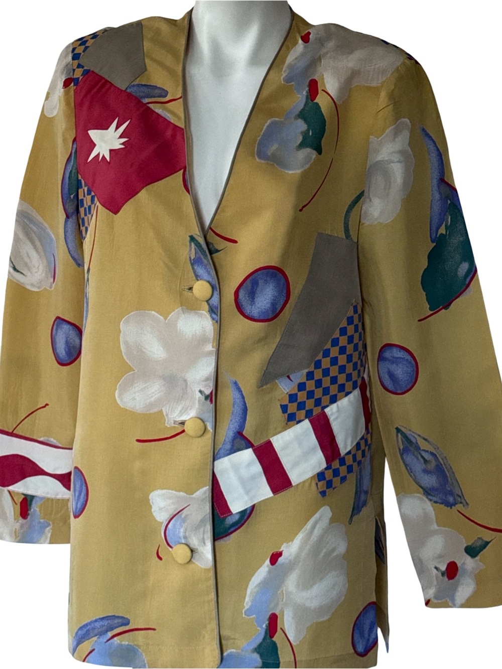 VINTAGE SILK MUSTARD FLORAL PRINT BLAZER / JACKET